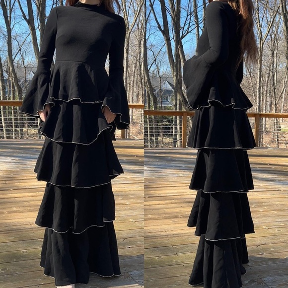 NWT Rachel Zoe Paola Tiered Crystal Embellished Crepe Black Maxi Gown Dress - Picture 5 of 10